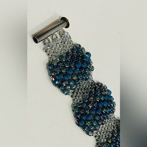 Blue Turq Wave Beads Sterling Silver Barrel 925 Clasp. Handmade Bracelet 7”